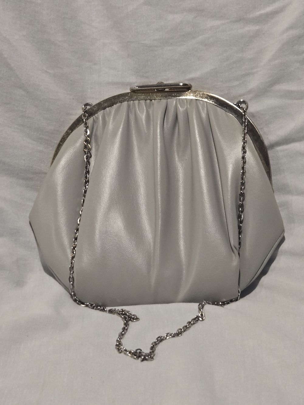 Vintage Gray Pleated Kiss Lock Frame Clutch Evening Bag with Chain